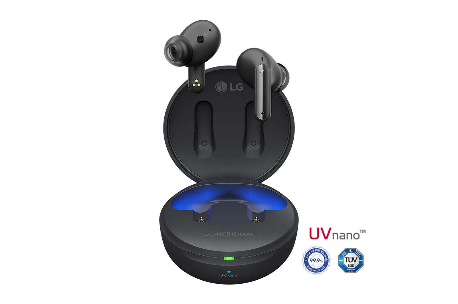 Imagen con auriculares LG TONE Free flotando sobre una base de carga abierta.