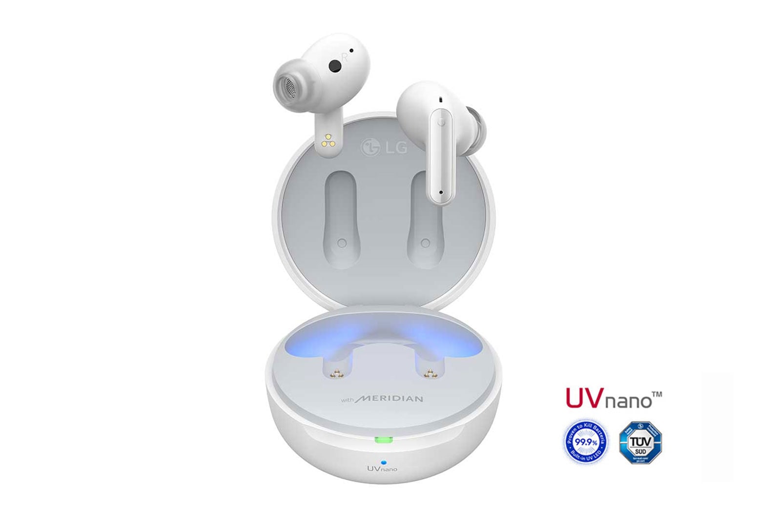 Imagen con auriculares LG TONE Free flotando sobre una base de carga abierta.