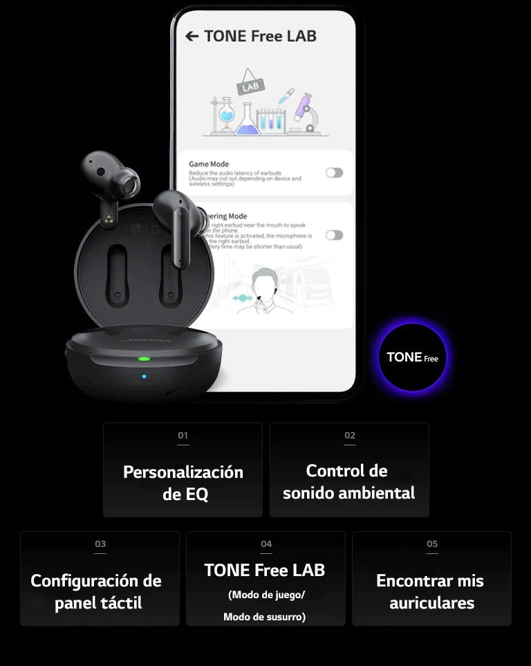 Una imagen de la pantalla TONE Free LAB del teléfono móvil y el producto TONE Free al lado. En la parte inferior de la imagen, se enumeran un total de cinco funciones de la APLICACIÓN TONE Free, Personalización de EQ, Control de sonido ambiental, Configuración del panel táctil, TONE Free LAB y Encontrar mis auriculares.