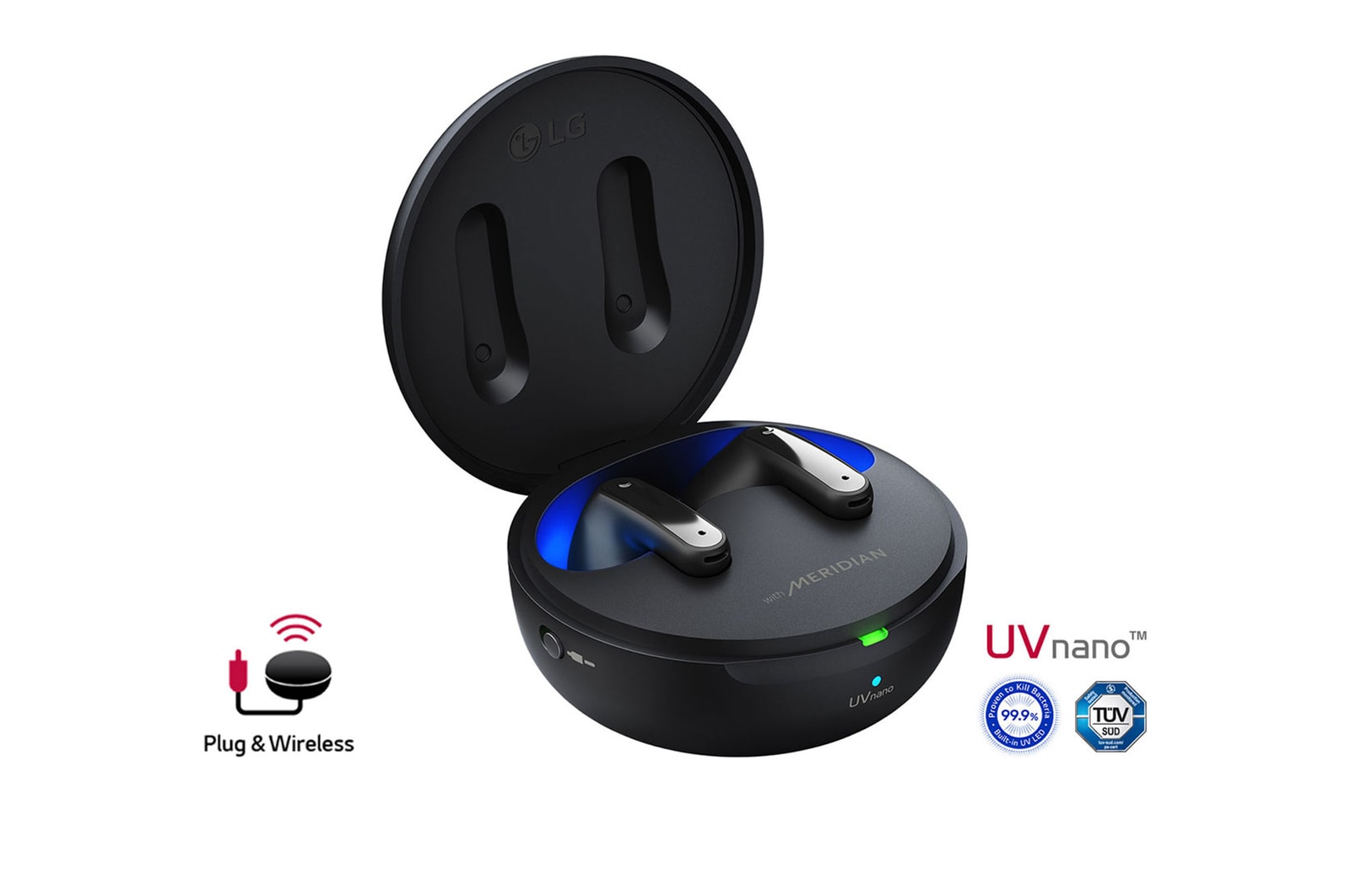 La base abierta en un ángulo de 15 grados con la iluminación ambiental encendida y los logotipos UVnano y Plug&wireless