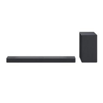 Vista en ángulo frontal de la barra de sonido y el woofer