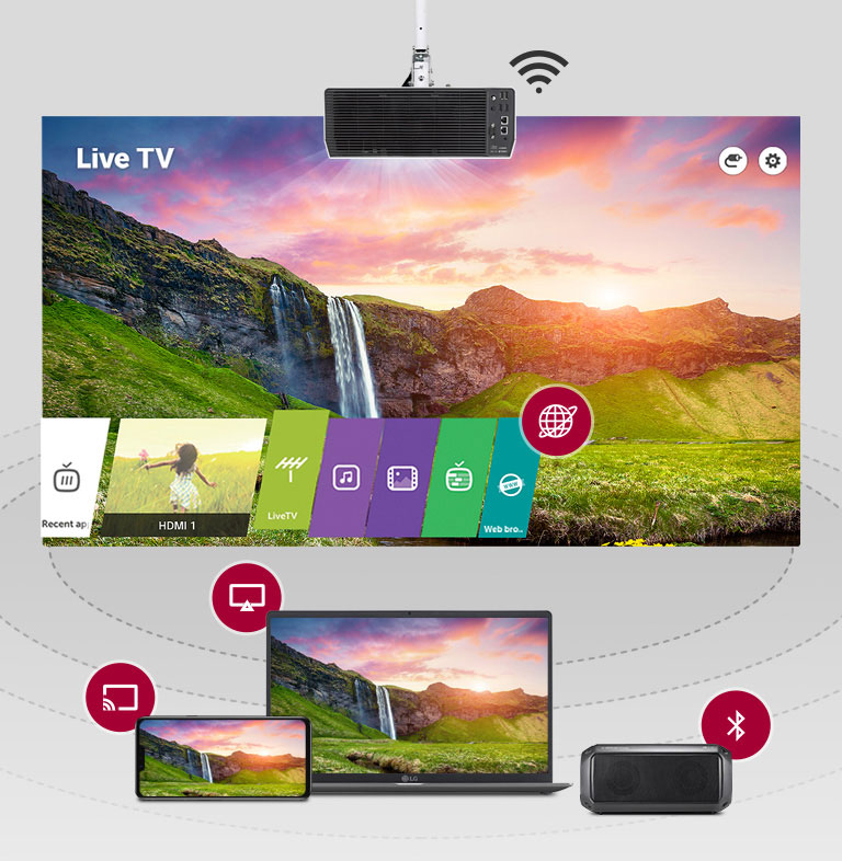 TV en vivo en el proyector conectado con otros dispositivos a través de duplicación, Miracast y emparejamiento Bluetooth.