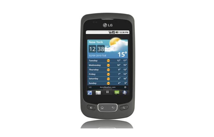 Vista frontal de Dispositivo celular con plataforma Android 2.2, pantalla táctil de 3.2 pulgadas LGP500