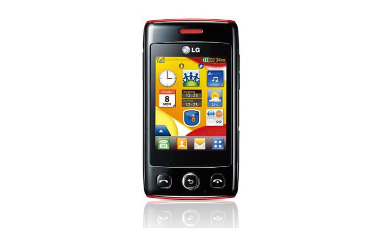 Vista frontal de Celular Touch de 2,4 pulgadas con redes sociales e windows live messenger LGT300