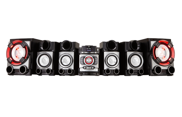 Vista frontal de Nuevo Mini Componente LG con 1800w de Potencia Real (RMS) - Doble Puerto USB - Latin Beat Box - Ipod Docking - Sub Woofers de 12&#34; y Parlantes X- Metal Bass. CM9520