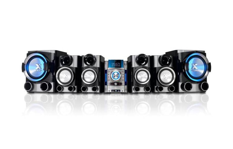 Vista frontal de Nuevo Mini Componente LG con 1580w de Potencia Real (RMS) - Doble Puerto USB - Latin Beat Box - Ipod Docking - Sub Woofers de 12&#34; y Parlantes X- Metal Bass. KSM1506