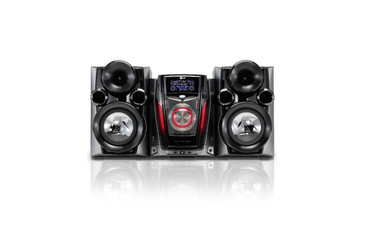 Vista frontal de Nuevo Mini Componente LG con 400w de Potencia Real (RMS) - Doble Puerto USB - Auto DJ- Ipod Docking y Parlantes X- Metal Bass. RCD406