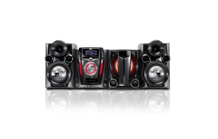 Vista frontal de Nuevo Mini Componente LG con 600w de Potencia Real (RMS) - Doble Puerto USB - Auto DJ- Ipod Docking y Parlantes X- Metal Bass. RCT606
