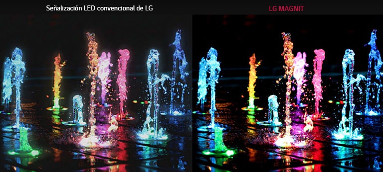 Fuente de piso con diferentes colores para mostrar la diferencia entre la señalización LED convencional de LG y MAGNIT en cuanto a la relación de contraste y la claridad