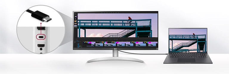 LG 29WQ600 cuenta con un puerto USB Type-C™ compatible con el modo alternativo de DisplayPort. Con solo usar un cable USB Type-C™, las señales de imagen DisplayPort completas pueden transferirse a un monitor externo sin cables de pantalla dedicados ni adaptadores activos.