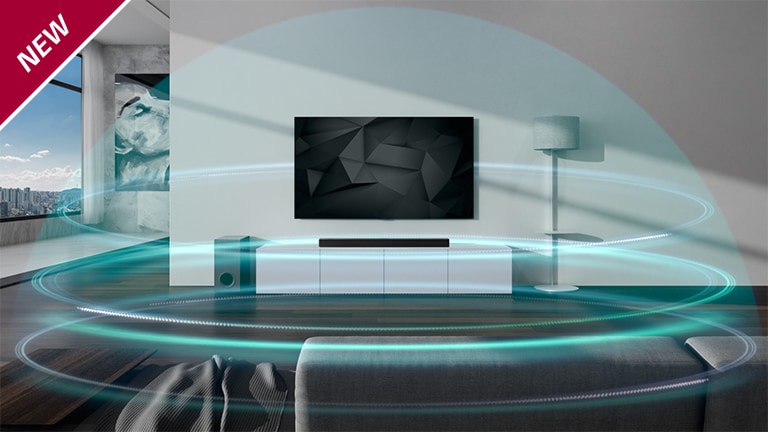 Las ondas acústicas de 3 capas en forma de cúpula azul cubren la barra de sonido y el televisor de la sala de estar. Se muestra la marca NUEVA en la esquina superior izquierda