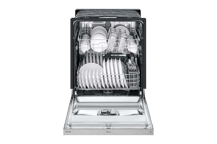 Vista frontal con puerta abierta y con loza de lavavajillas LG LDFN3432T - QuadWash