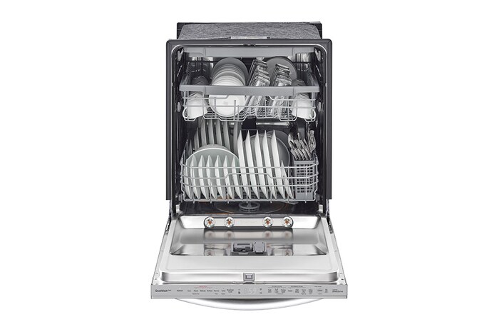 Vista frontal puerta abierta con loza de lavavajillas LG LDTS5552S - QuadWash