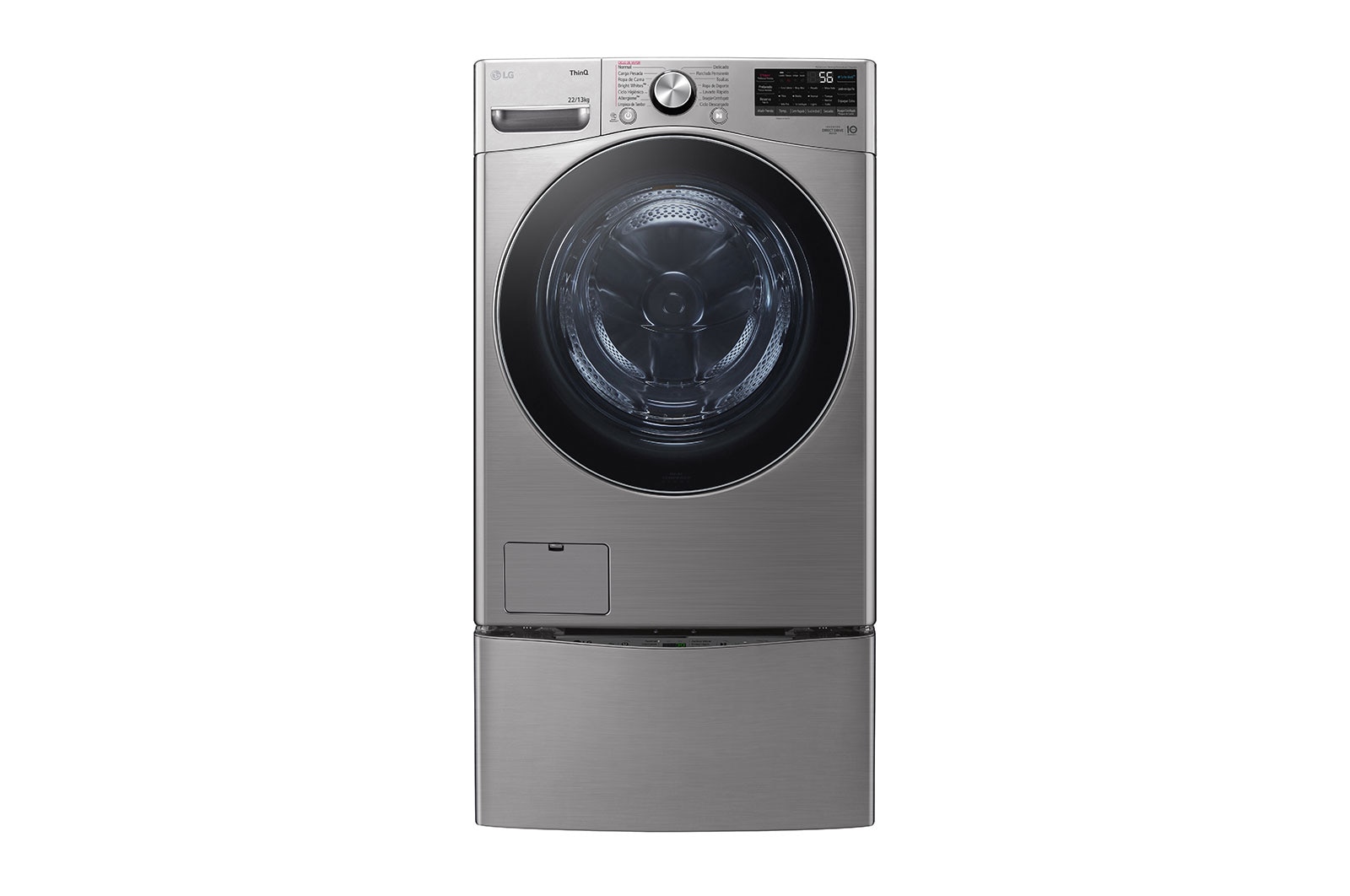 Vista frontal de TWINWash™ Lava-Secadora Carga Frontal AI DD™ (Inteligencia Artificial), ThinQ, Capacidad Total 25,5kg/56lbs, Tipo Acero Inox  TWD22VS6BR