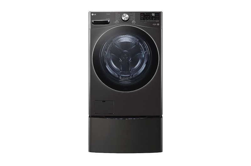 Vista frontal de TWINWash™ Lavadora Capacidad Total 25,5kg/56lbs, ThinQ, AI DD™ (Inteligencia Artificial) , Black Steel “Negro Acabado Tipo Acero Inox”  TWO22BV2SR