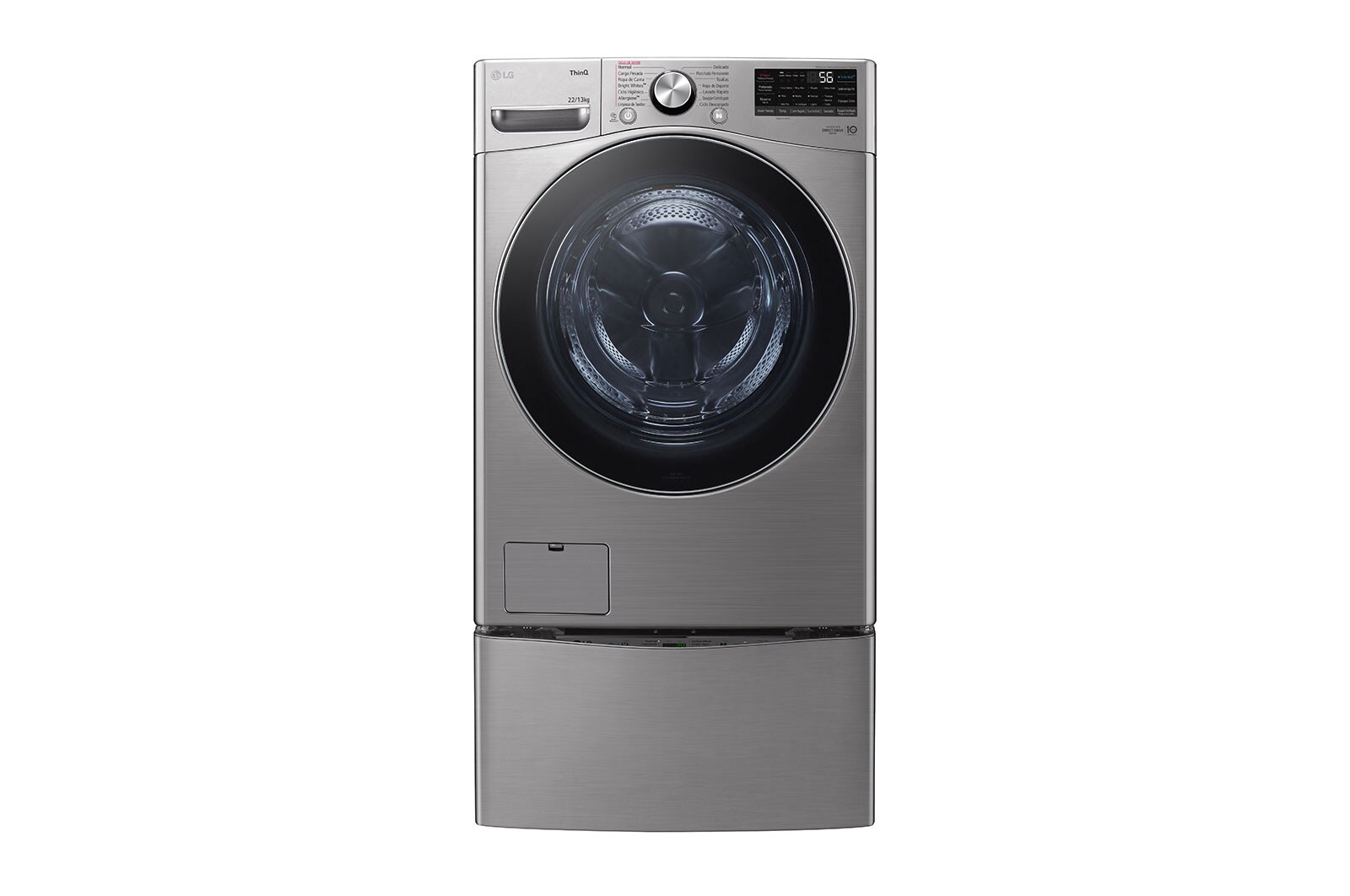 Vista frontal de Set TWINWash™ Lavadora Capacidad Total 25,5kg/56lbs, ThinQ, AI DD™ (Inteligencia Artificial), VCM Tipo Acero Inox TWO22VV2SR