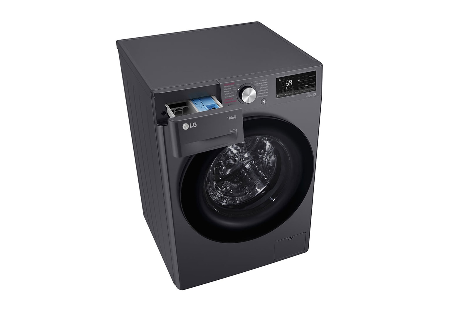 Lavadora LG wd12mvc5s6, vista izquierda en ángulo.