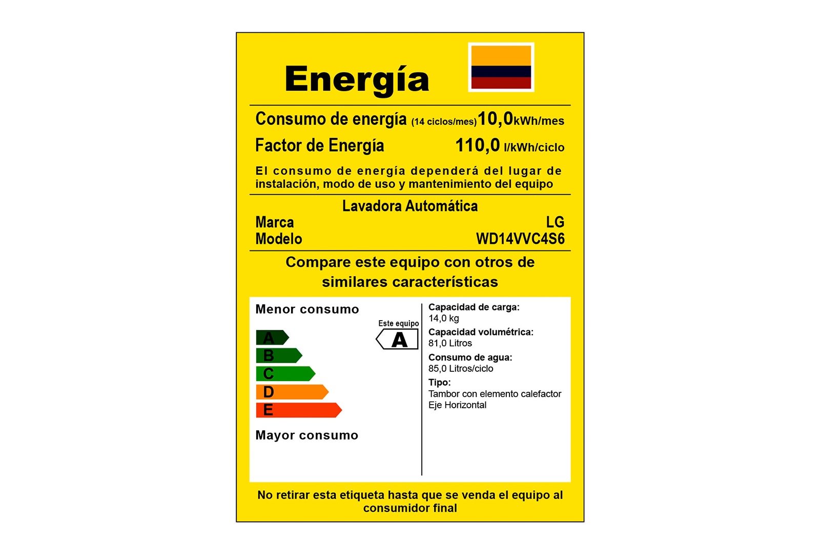 Lava-secadora LG con etiqueta de consumo energético.