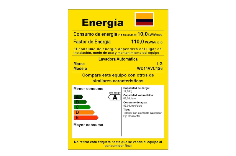 Lava-secadora LG con etiqueta de consumo energético.