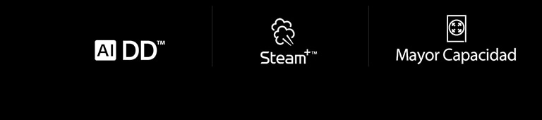 Íconos de tecnología LG: AI DD™, TurboWash™360, Steam™.