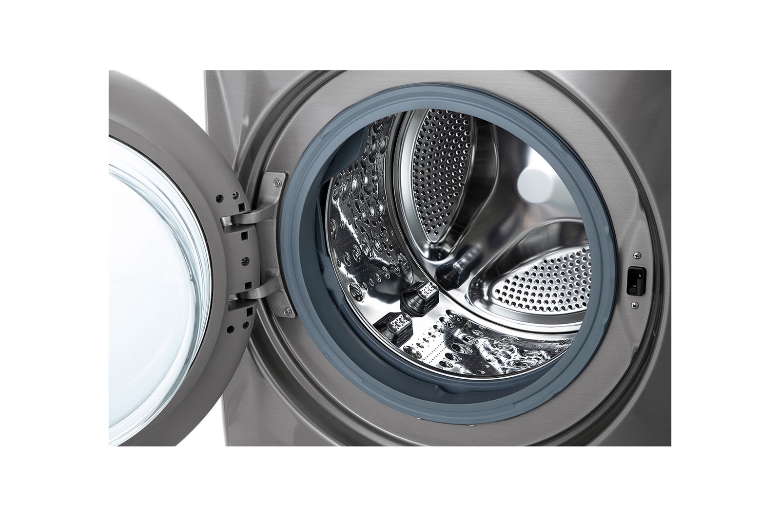 Lavadora LG WD16EG2S6 tanque en detalle puerta abierta.