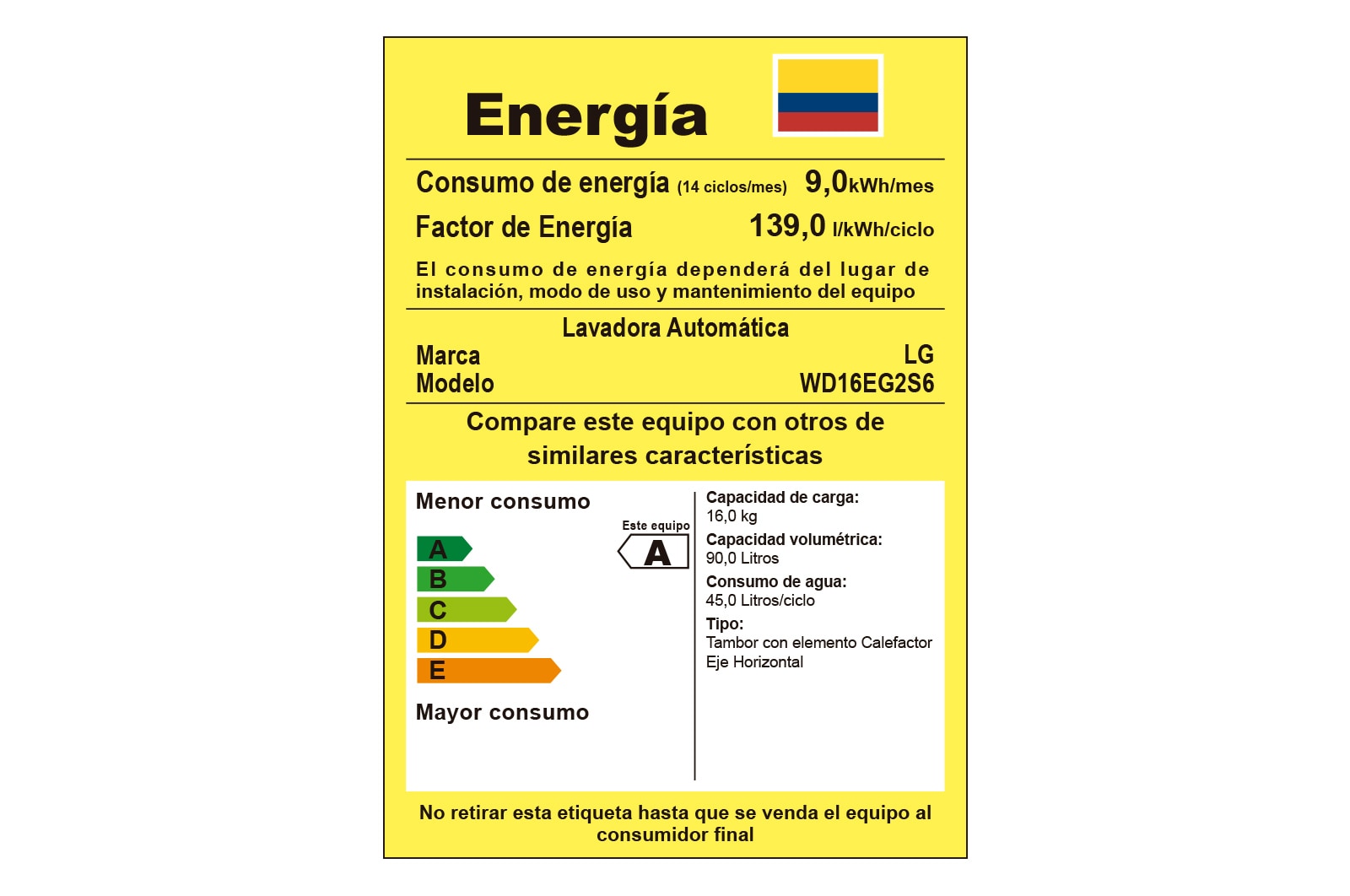 Lavadora LG WD16EG2S6 eficiencia energética.