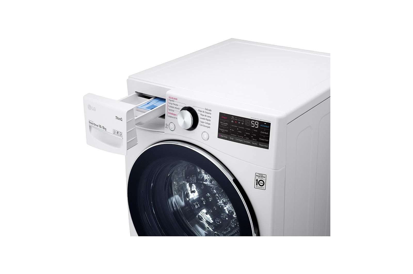 Lavadora LG vista frontal izquierda almacenamiento jabon