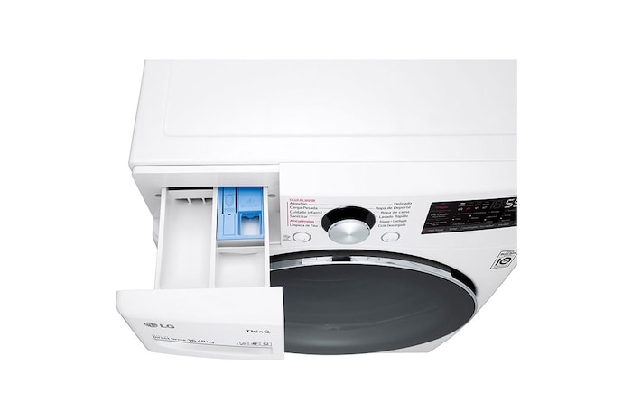 Lavadora LG vista frontal arriba almacenamiento jabon