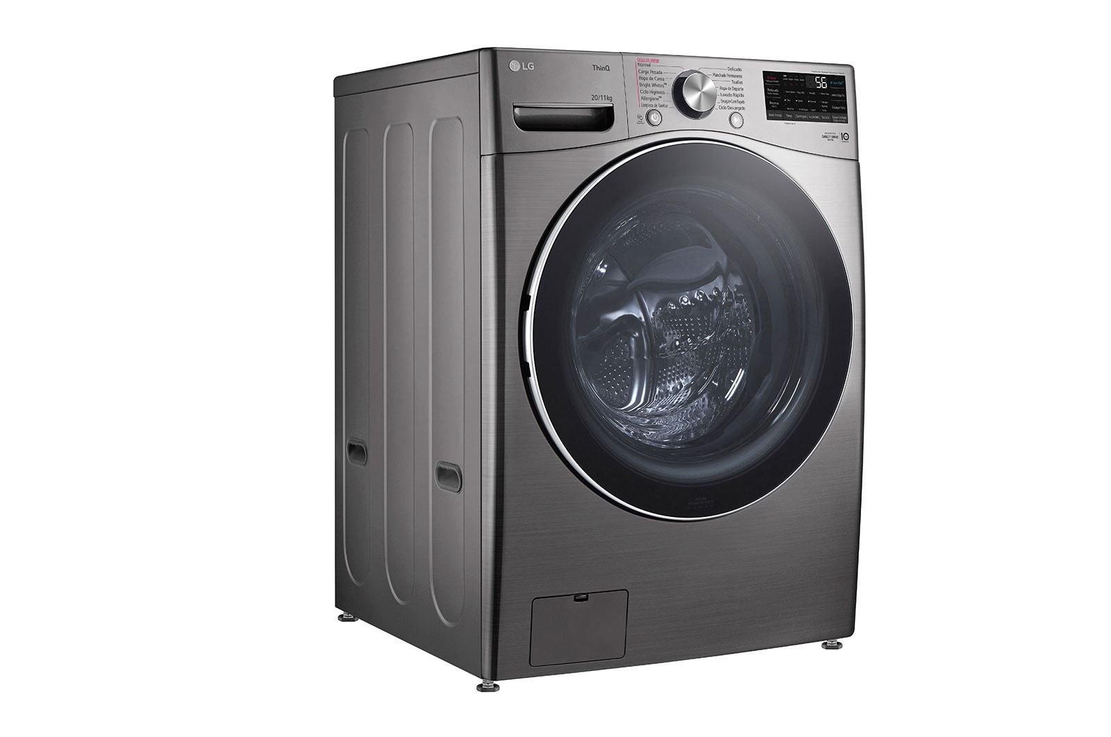 "Lavadora LG WD20VV2S6R, vista frontal derecha.