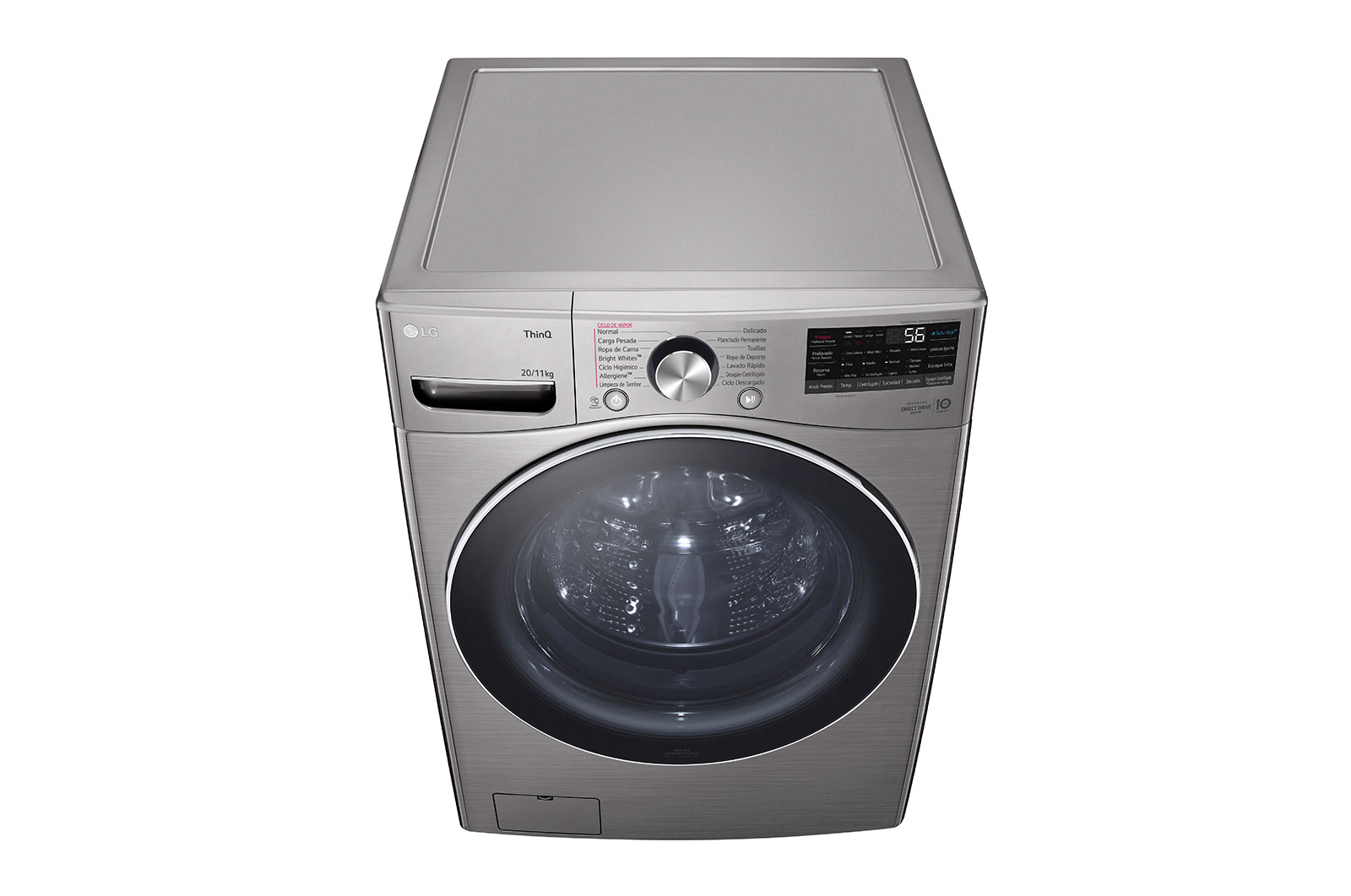 Lavadora LG WD20VV2S6R, vista frontal desde arriba.
