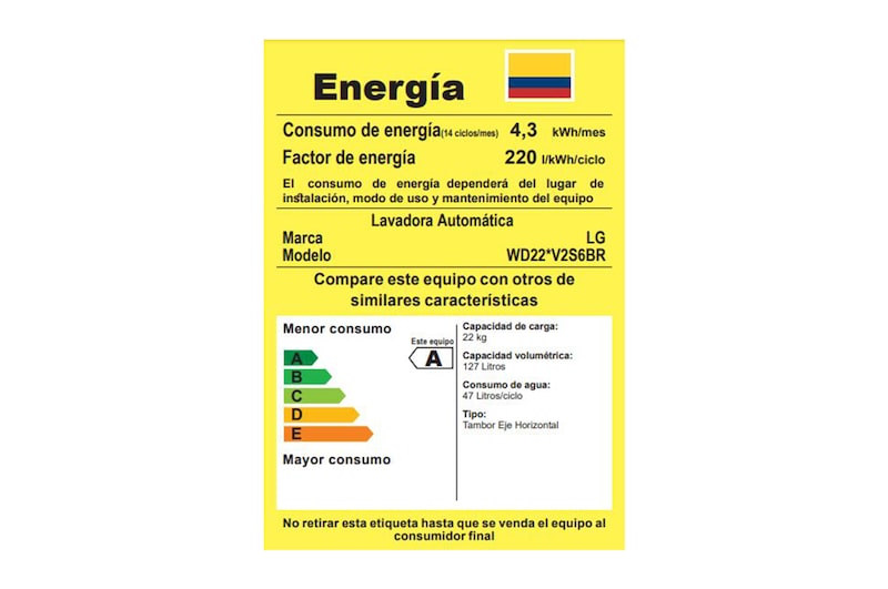 Consumo energético LG Lavadora WD22VV2S6BR.