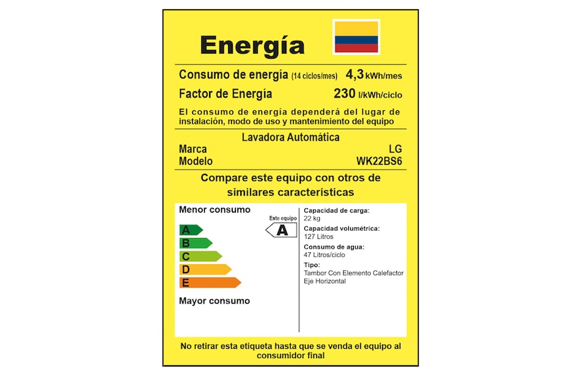 Tarjeta de consumo energético de la torre de lavado LG.