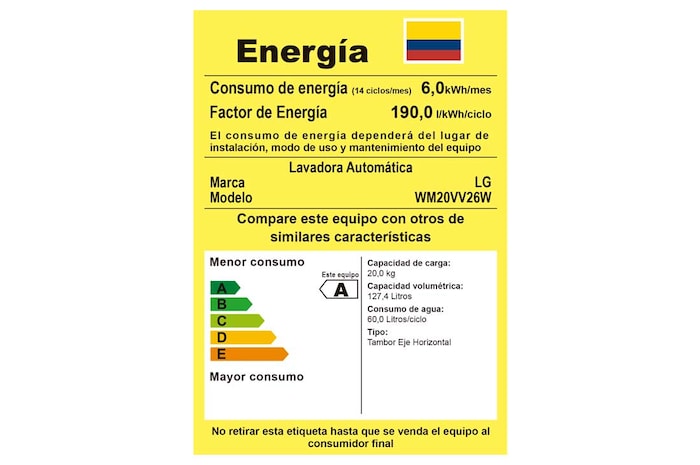 Lavadora LG wm20vv26w, tarjeta de consumo energético.