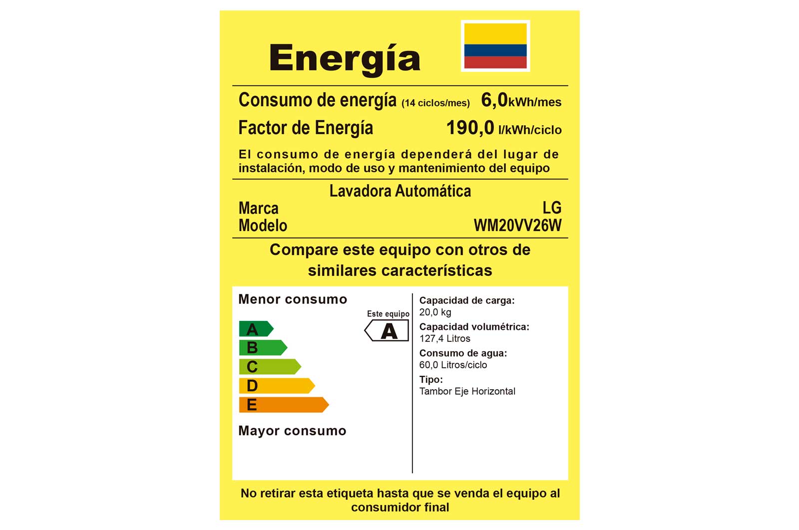 Lavadora LG wm20vv26w, tarjeta de consumo energético.