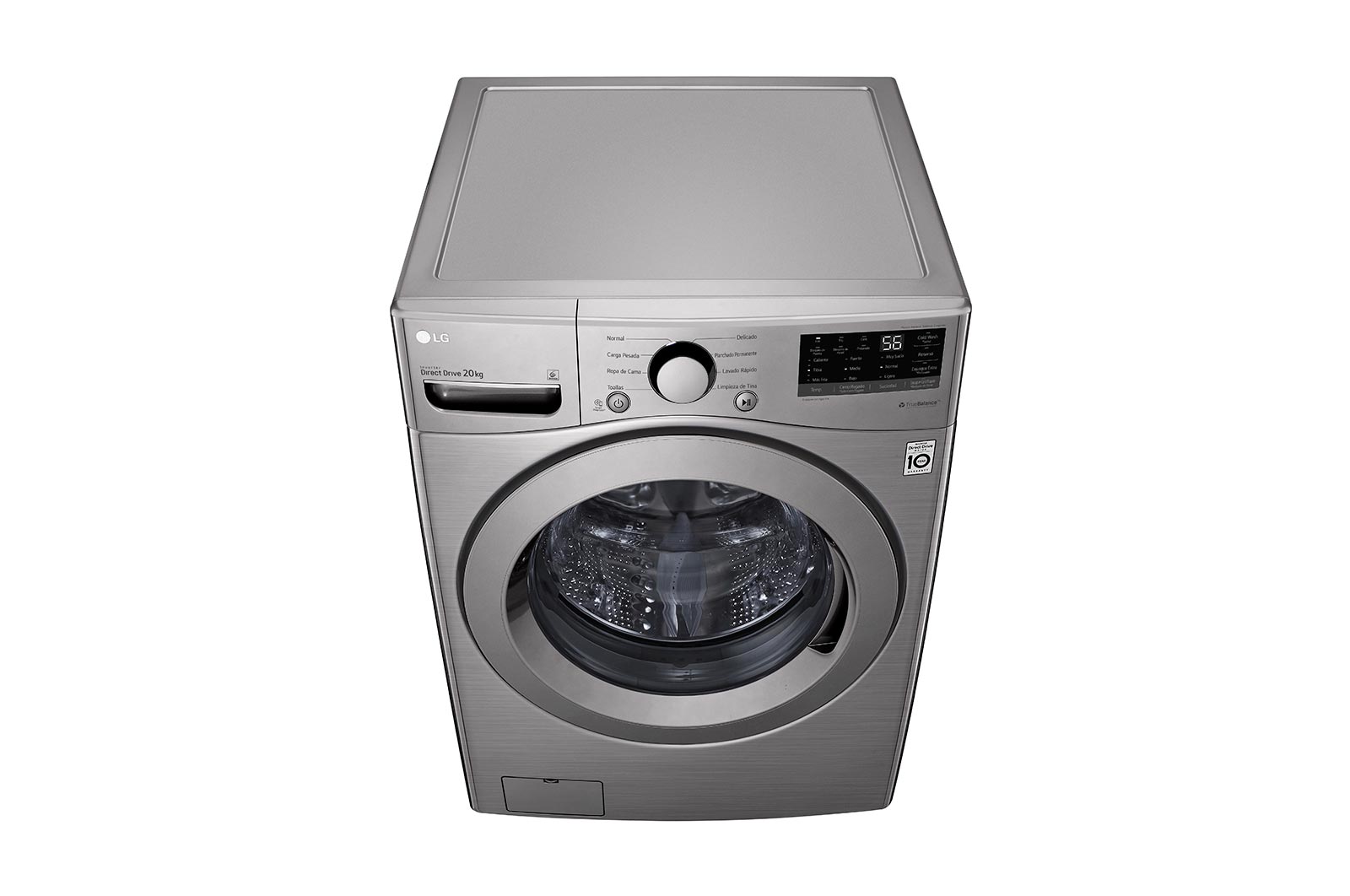Lavadora LG wm20vv26w, vista frontal desde arriba.