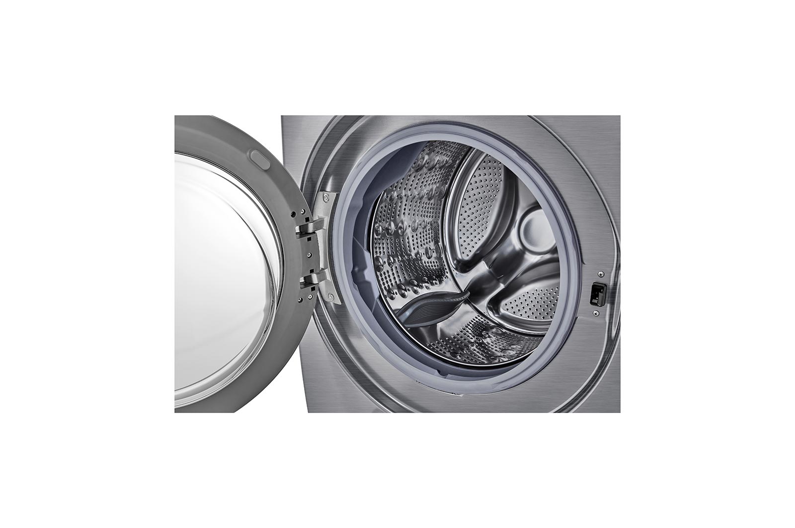 Lavadora LG wm20vv26w, acercamiento tanque puerta abierta.