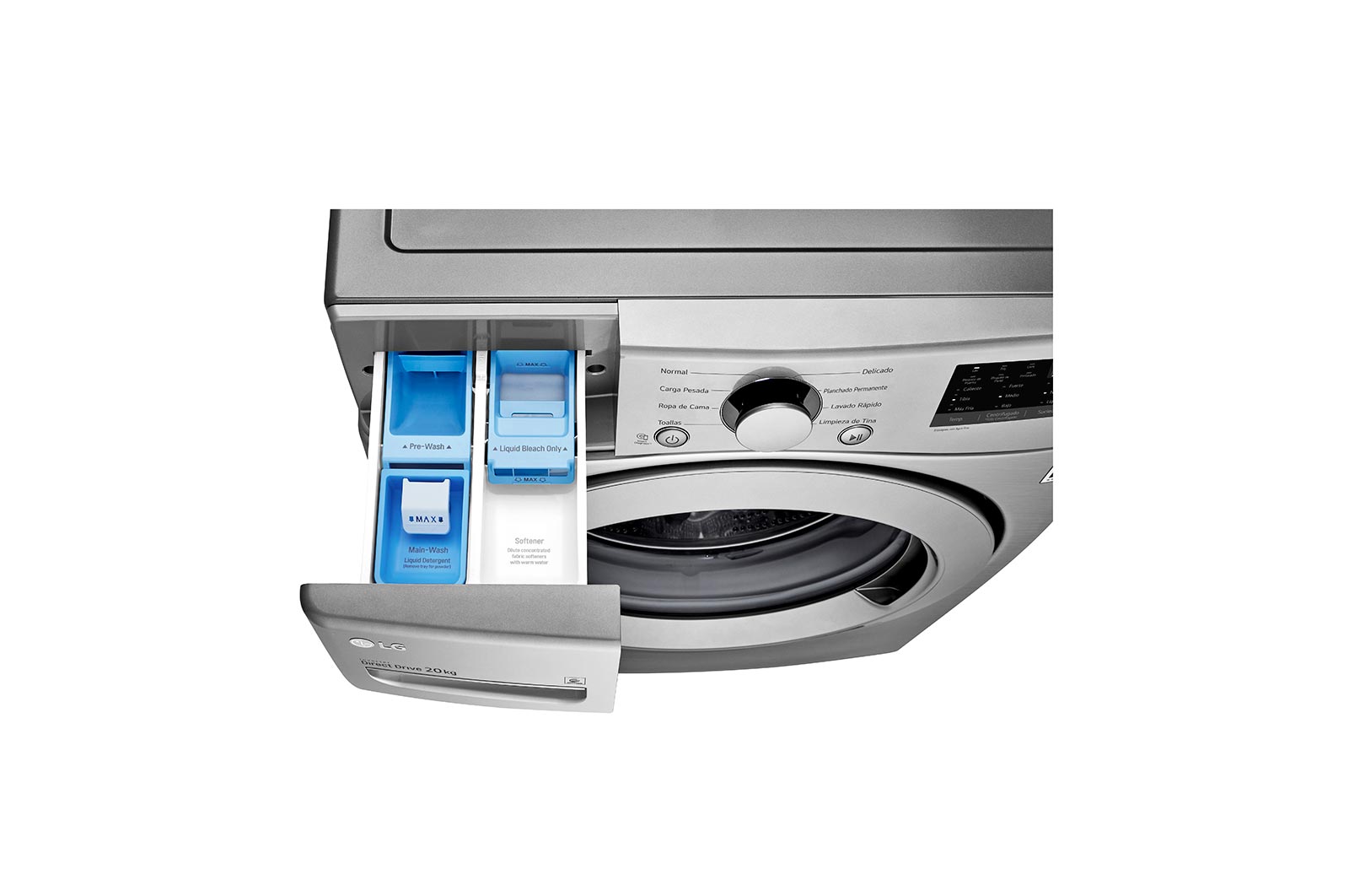 Lavadora LG wm20vv26w, vista contenedor de jabón desde arriba.