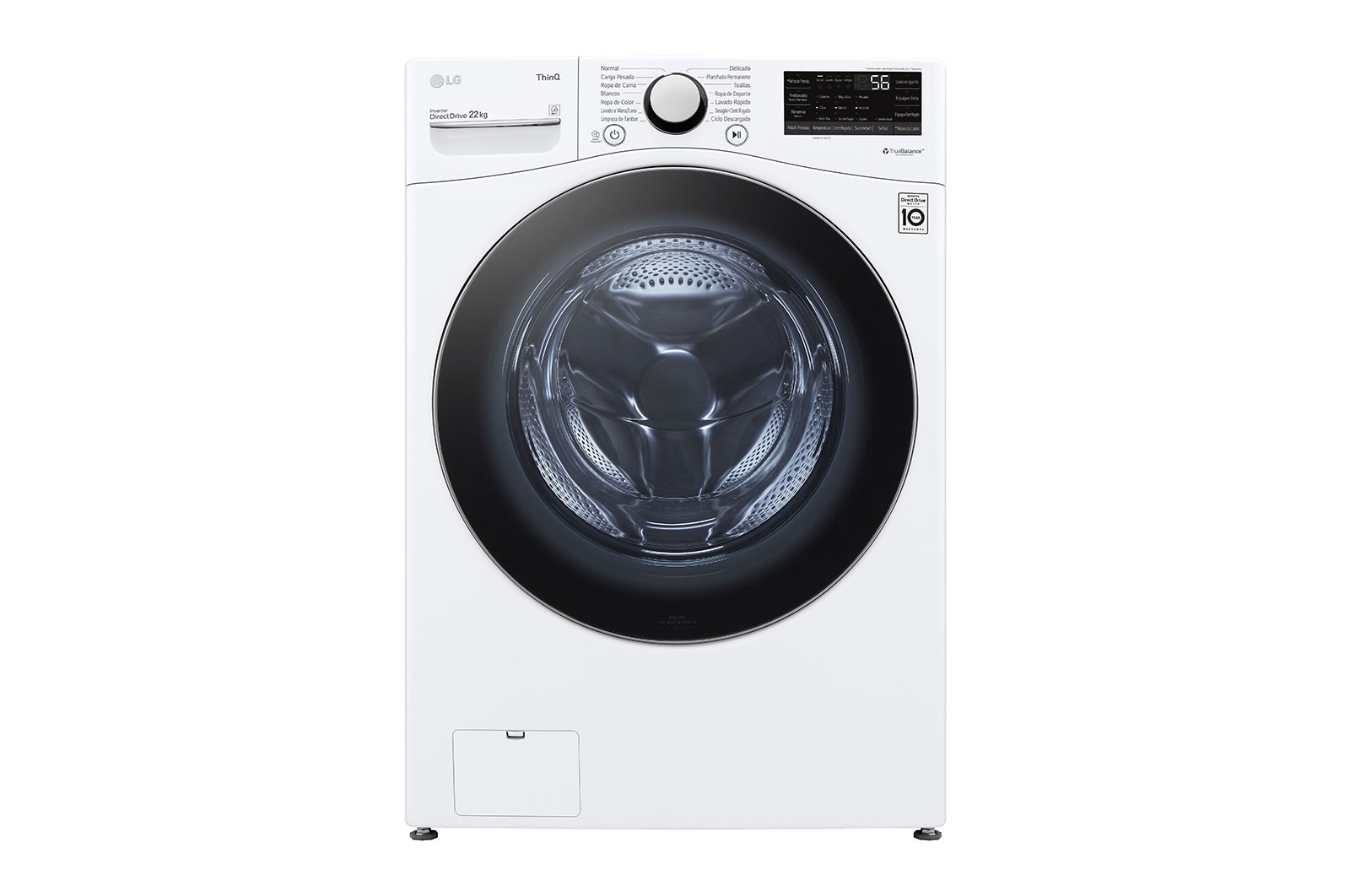Vista frontal de Lavadora Carga Frontal, 48lbs/22kg, 6MotionDD, ThinQ, Color Blanco WM22WV26SR