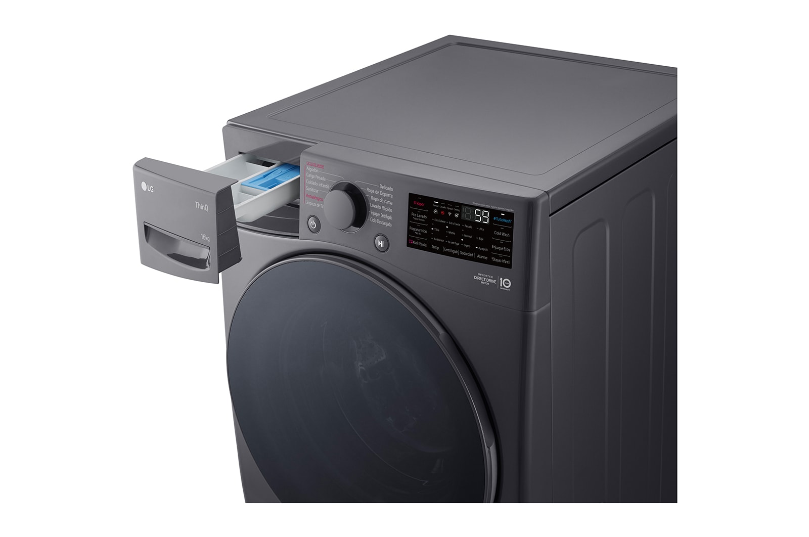 Lavadora LG wo16mg2s6p, vista izquierda contenedor de jabón.