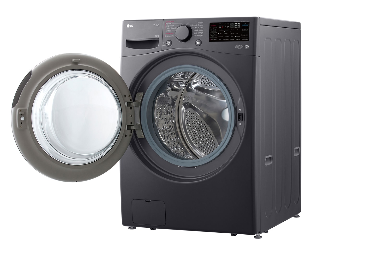 Lavadora LG wo16mg2s6p, vista izquierda con puerta abierta.