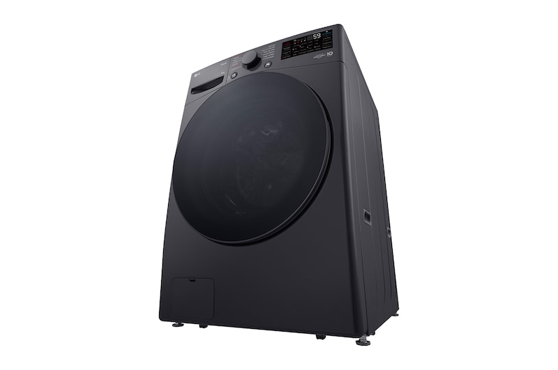 Lavadora LG wo16mg2s6p, vista frontal izquierda desde abajo.