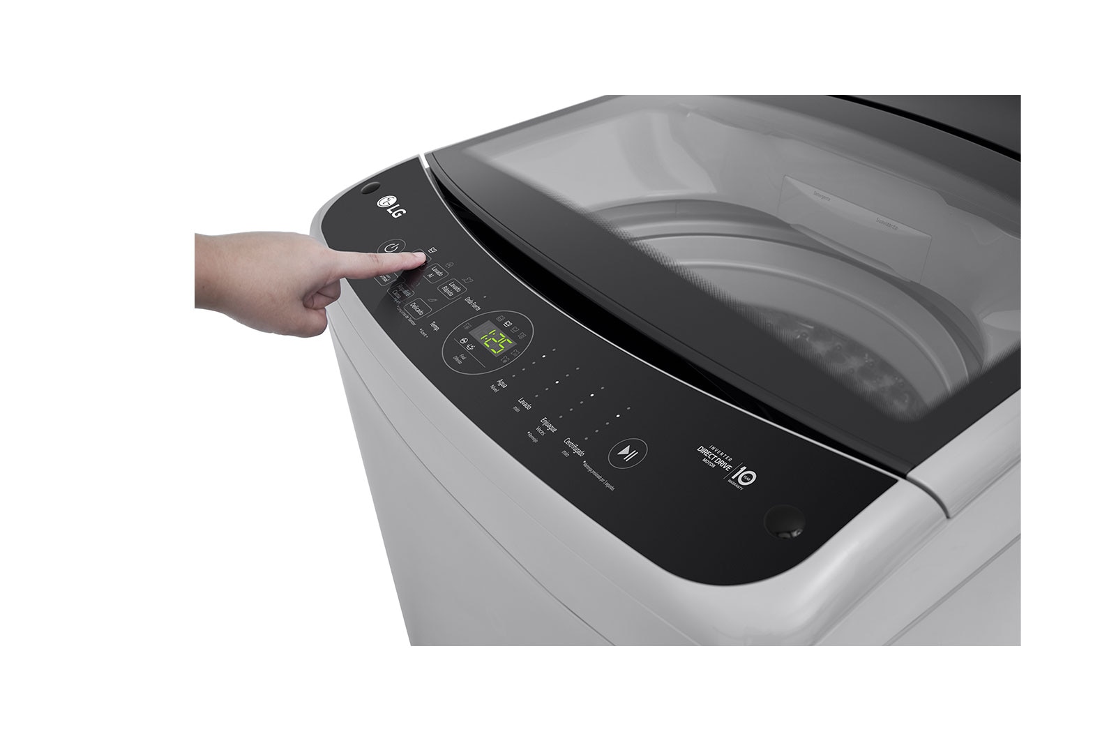 Lavadora LG WT18DV6, panel de control con mano presionando botón.