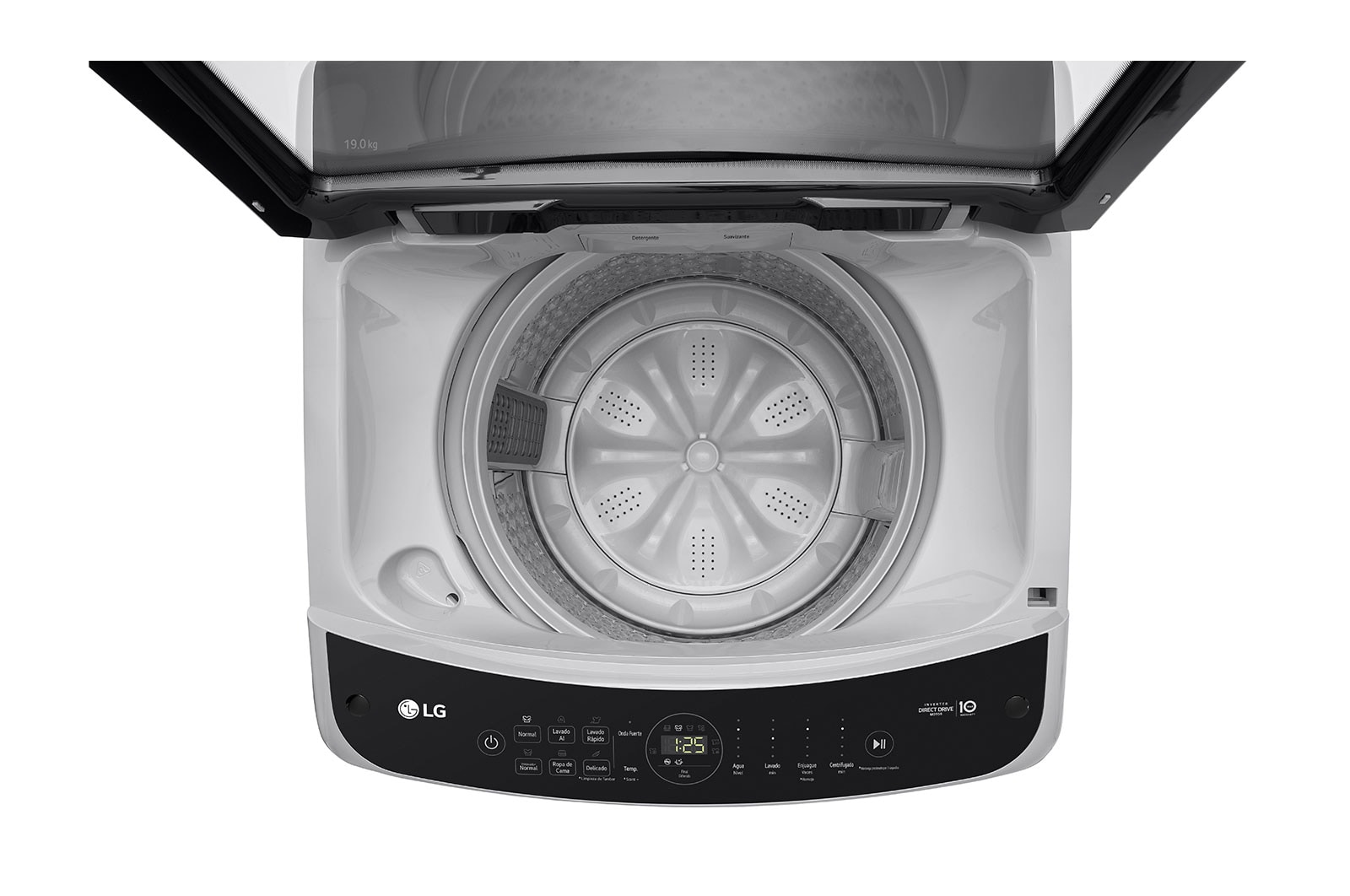 Lavadora LG WT19DV6, interior del tanque desde afuera alejado.