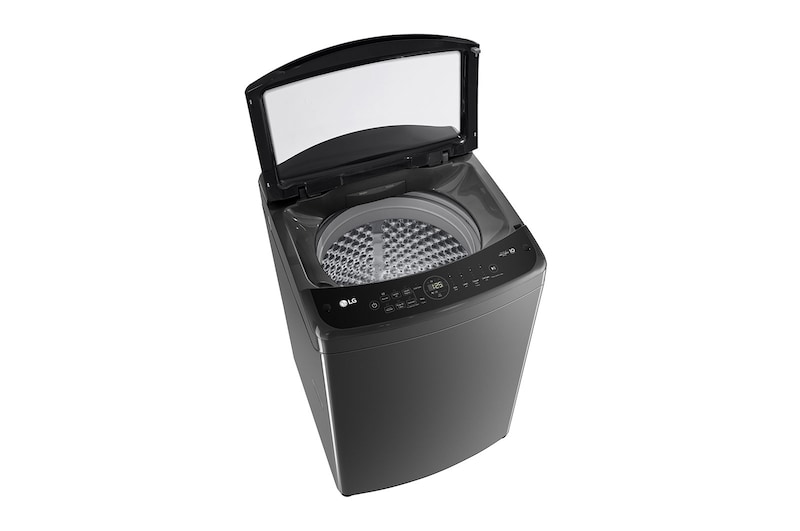 Lavadora de carga superior WT19MV6 vista frontal izquierda con puerta abierta desde arriba.