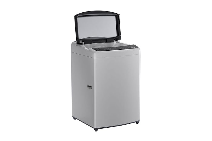 Lavadora LG wt21dv6, vista frontal izquierda con puerta abierta.