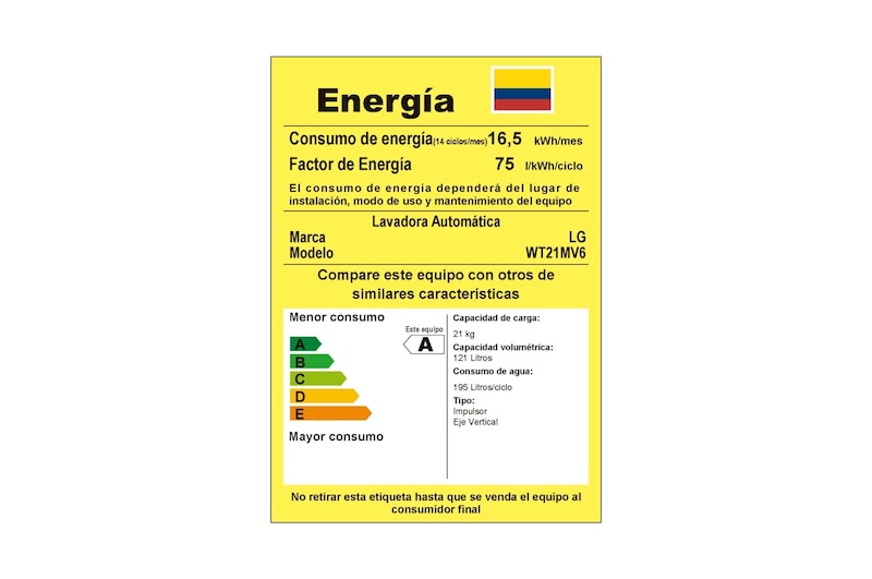 Lavadora LG WT21MV6 tarjeta de consumo energético.