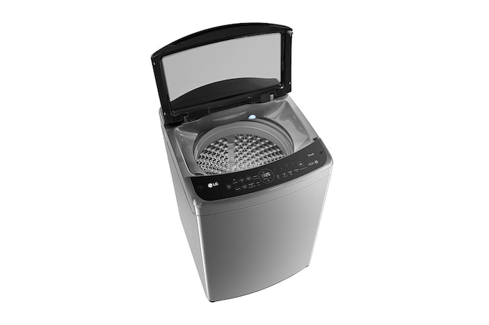 Lavadora LG WT21VV6 vista frontal izquierda desde arriba puerta abierta.