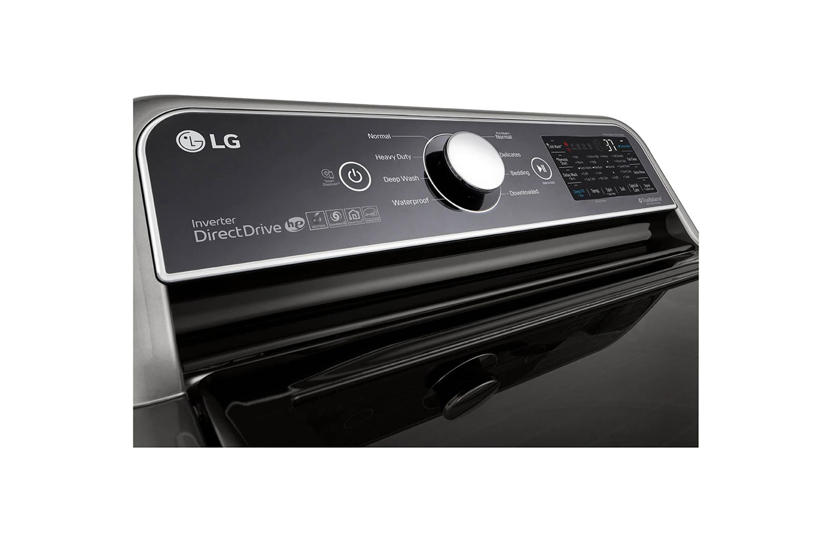 Lavadora LG WT23VT6HA vista lateral izquierda del panel de control.