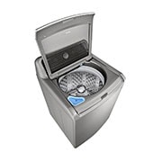 Lavadora LG WT23VT6HA vista frontal izquierda desde arriba con puerta abierta.
