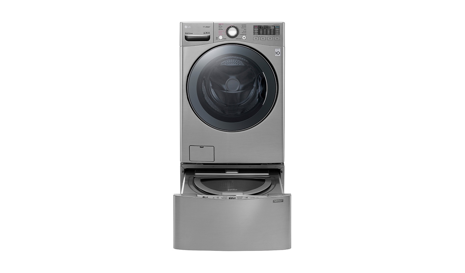 Vista frontal de LG TWINWash® TWW22VVS2  Set Lavadora Carga Frontal y TWINWash® Mini Capacidad Total 25,5 Kgs WM22VVS6_WD100CV TWW22VVS2